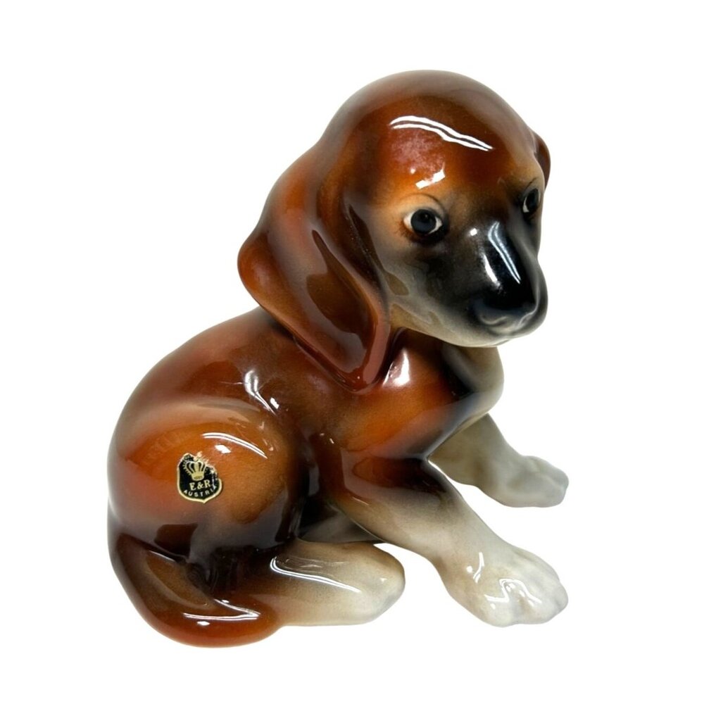 Vintage Wien Keramos Puppy Dog Beagle Ceramic Figurine E&R Golden Crown Austria